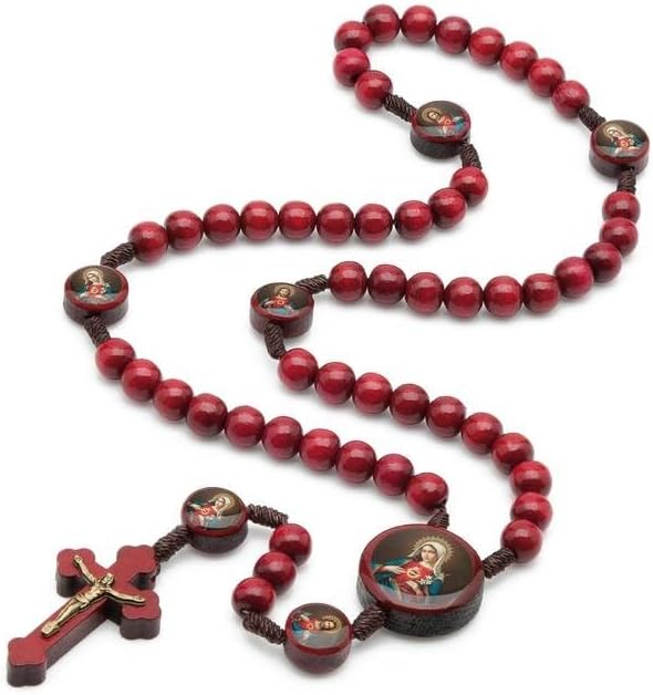 Terço Madeira Vermelho Coração Jesus/Maria  1