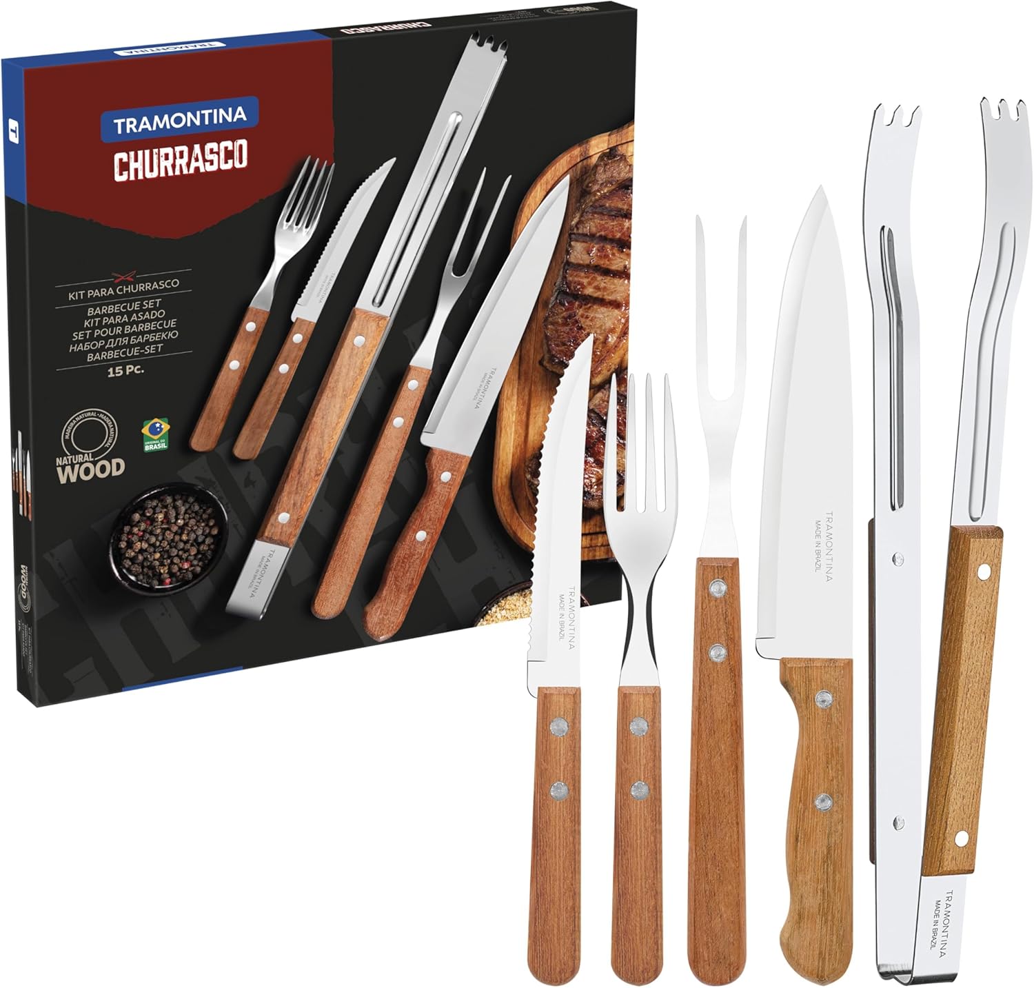 Kit para Churrasco Tramontina com Lâmina em Aço Inox e Cabos de Madeira 15 Peças 1