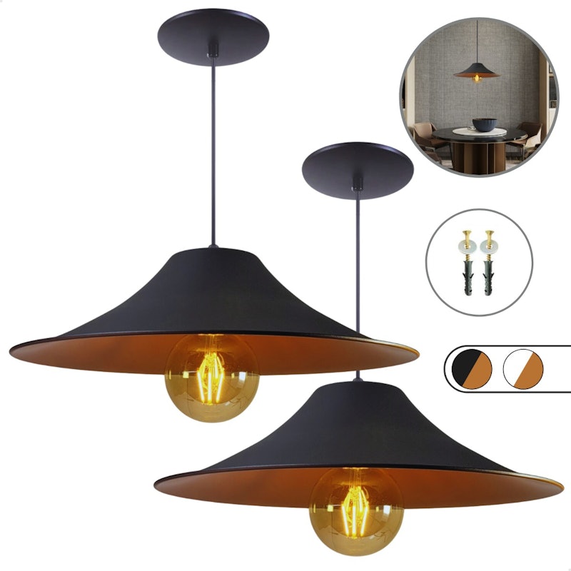 Luminária Chapéu Chinês Preto Textura com Cobre 2