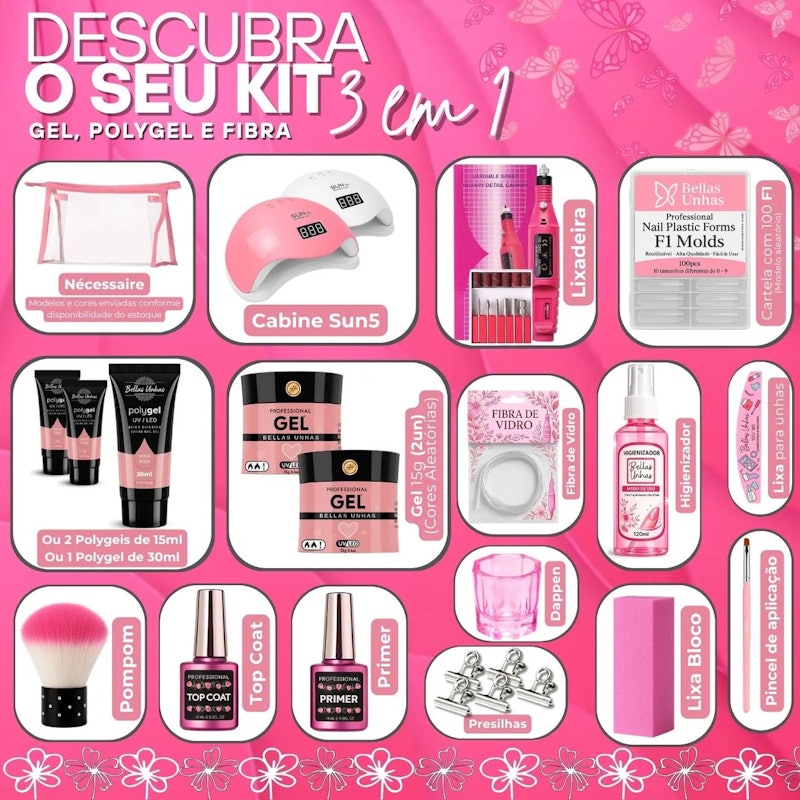 Kit Alongamento Unha Gel, Polygel e Fibra 3 em1 Completo Sun 5 2
