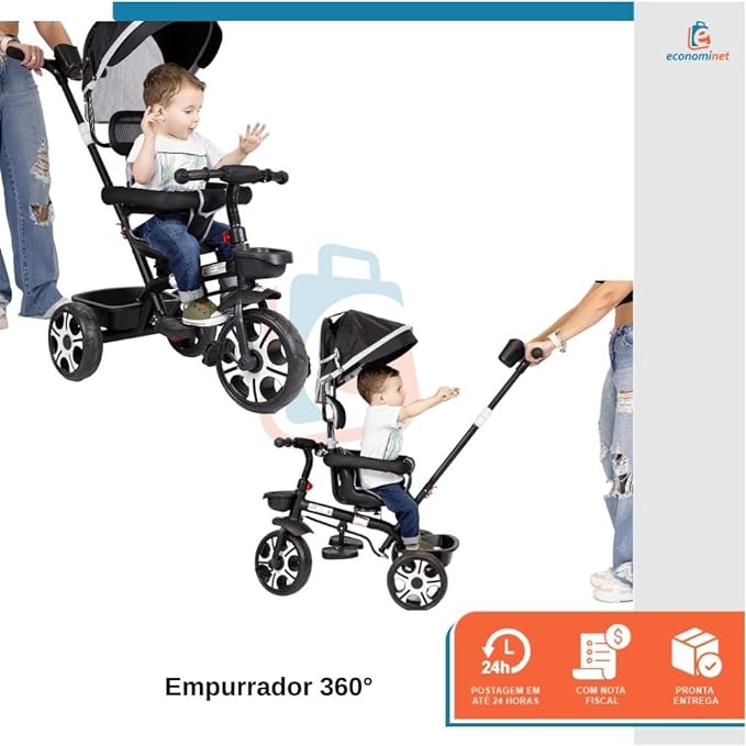 Triciclo Infantil Empurrador Com Capota 2 em 1 Zupa 4