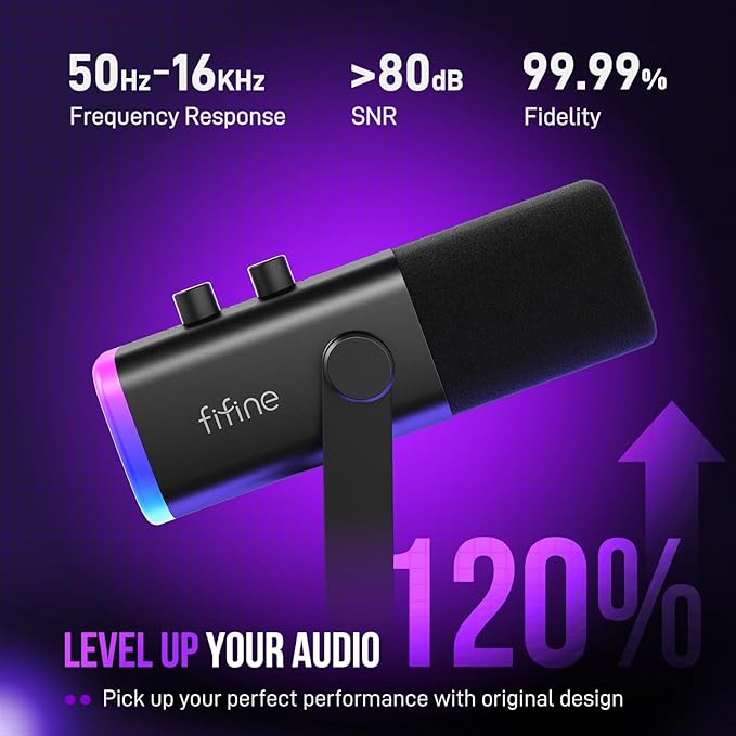 Microfone Dinâmico Fifine AmpliGame AM8 USB/XLR com RGB 3