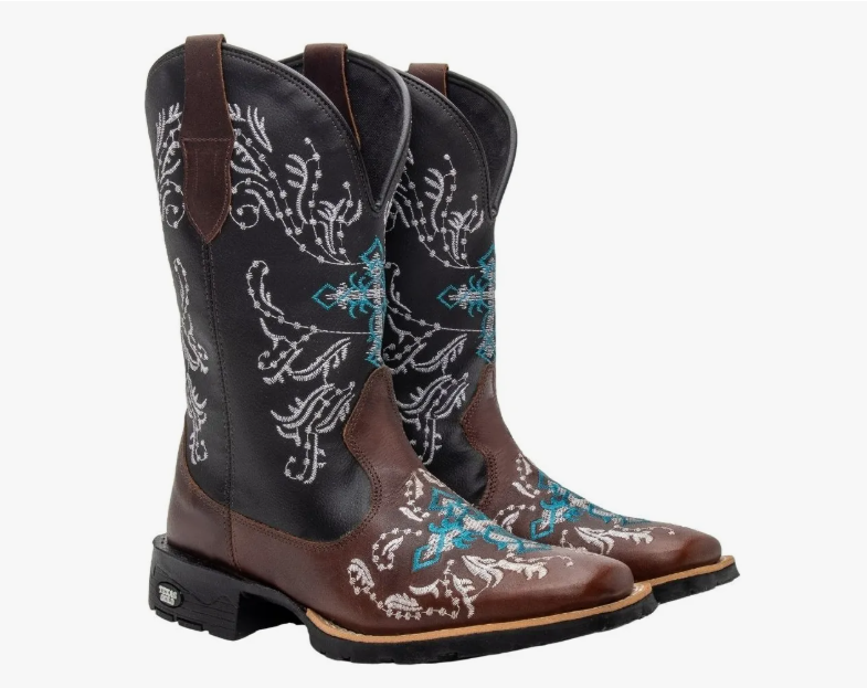 Bota Texana Feminina Couro Country Bico Quadrado Café Azul  5