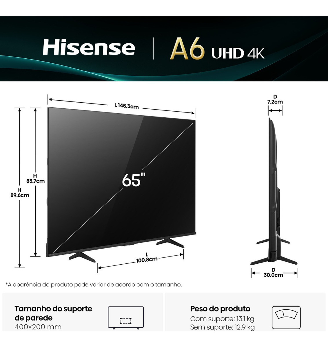 Hisense Smart TV UHD 4K A6NV 65" 3