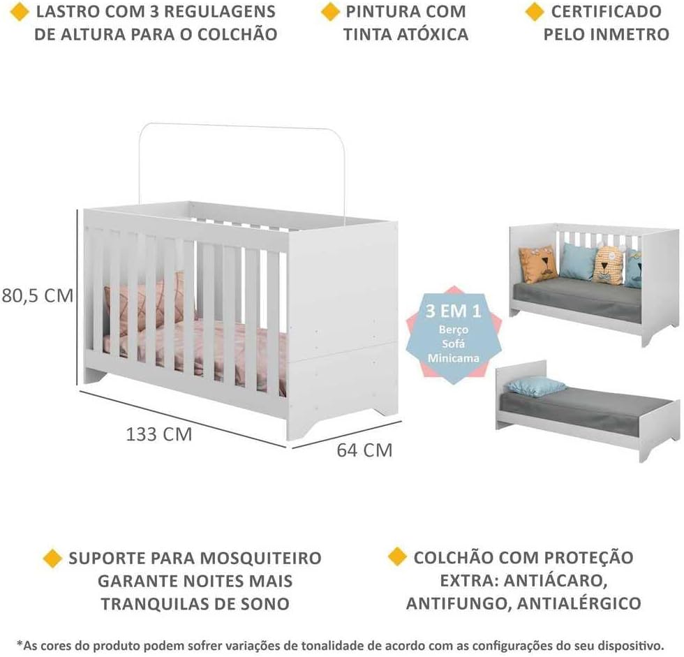 Berço 3 em 1 Vira Cama com Colchão Incluso Elza 4