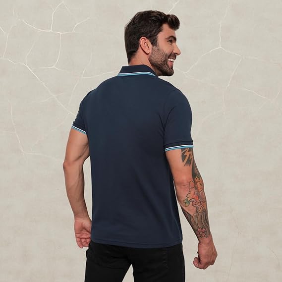 Camisa Polo Masculina com Manga Curta Lisa e Gola com Botão 4