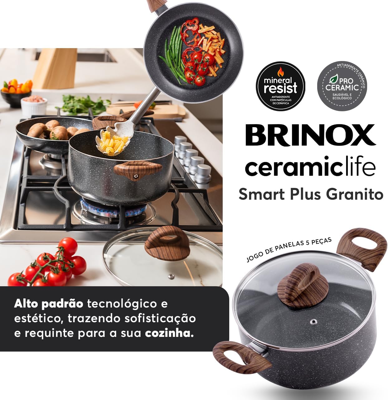 Jogo de Panelas Brinox Antiaderente Ceramic Life 5 Peças Smart Plus com Indução 5