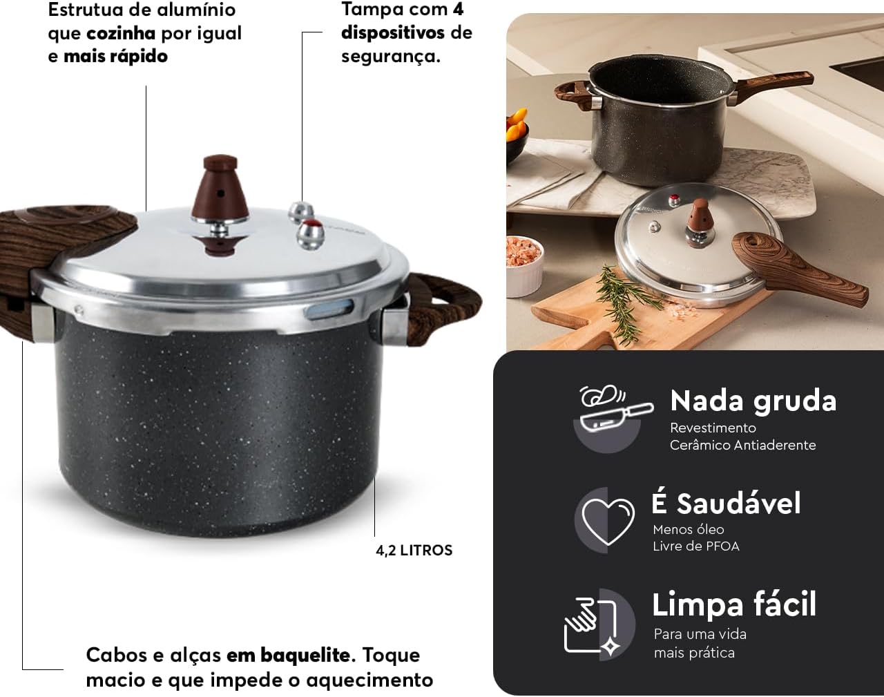 Panela de Pressão Pressure 4,2 L com Revestimento Antiaderente Ceramic Life 4