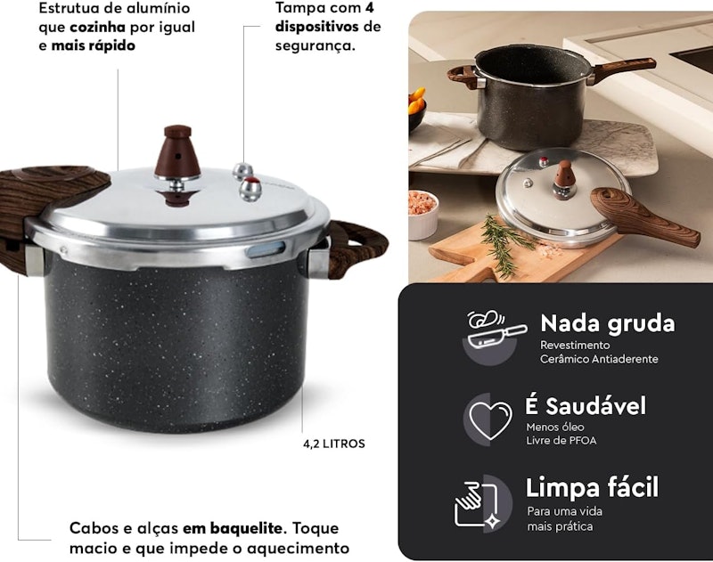 Panela de Pressão Pressure 4,2 L com Revestimento Antiaderente Ceramic Life 4