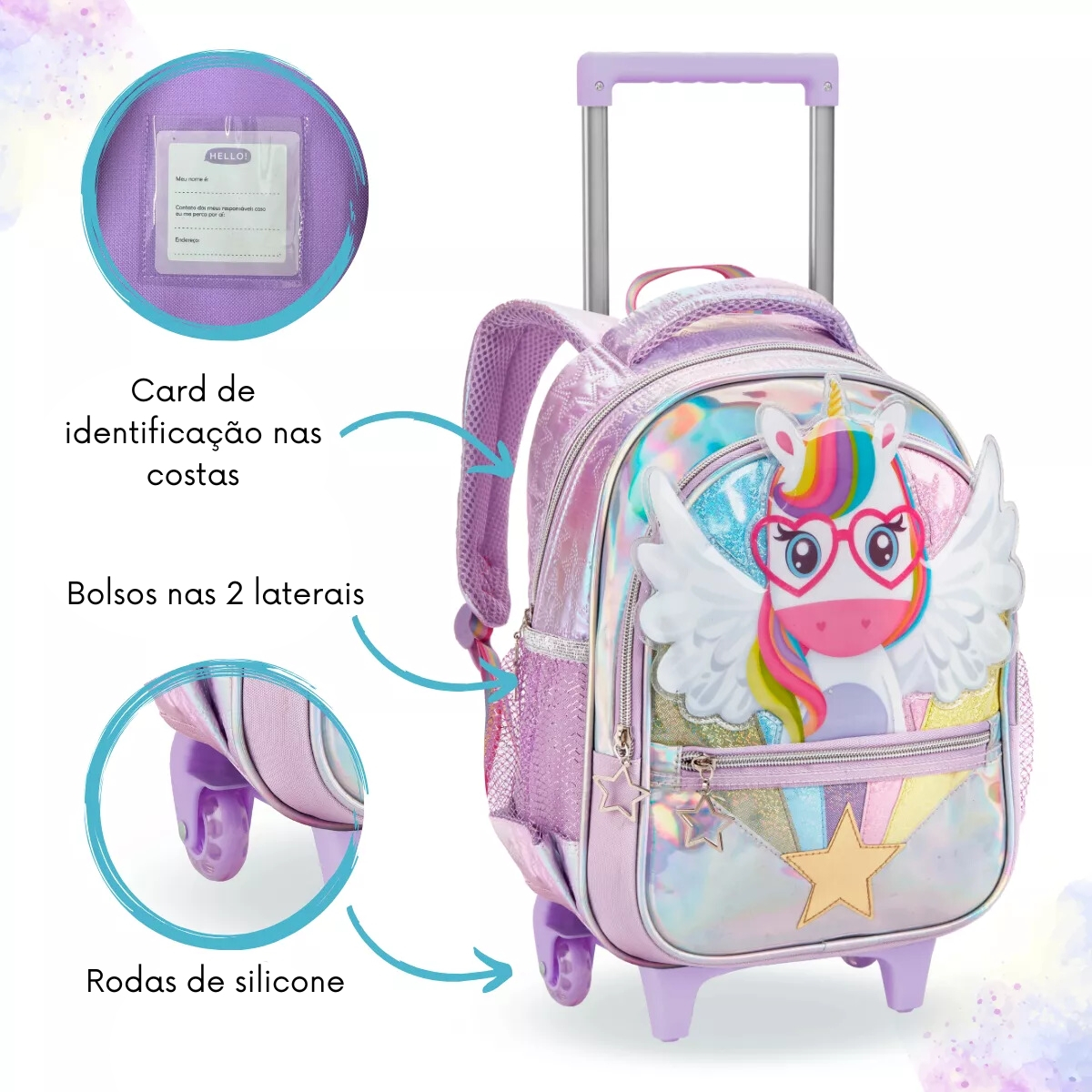 Mochila Infantil Feminina 16″ com Rodas + Lancheira + Estojo 3