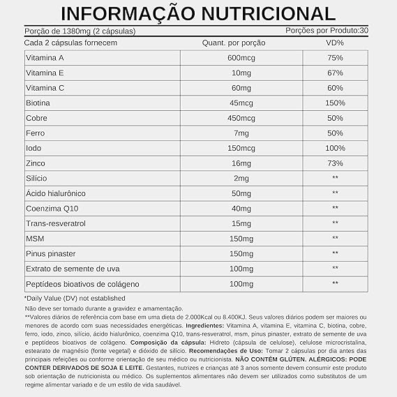 Colágeno Verisol Ácido Hialurônico Biotina Zinco Vitaminas Minerais 2
