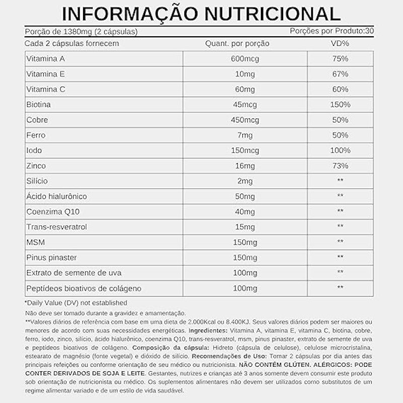Colágeno Verisol Ácido Hialurônico Biotina Zinco Vitaminas Minerais 2
