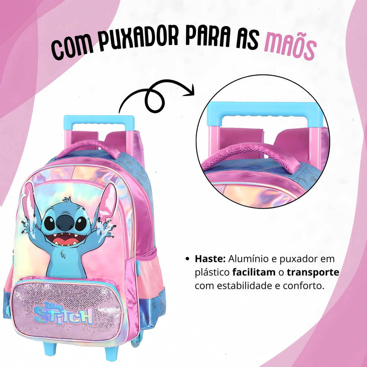 Mochila de Rodinhas Média Infantil de Costas Holográfica Stitch 5