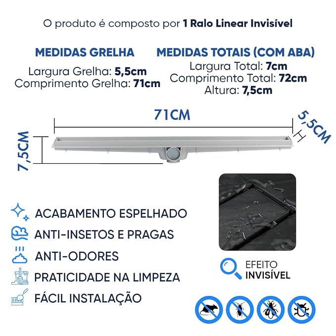 Ralo Linear Oculto Invisível Inteligente Sifonado para Banheiro 4