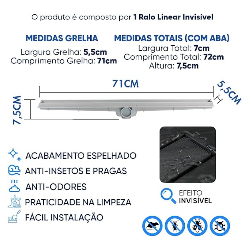 Ralo Linear Oculto Invisível Inteligente Sifonado para Banheiro 4