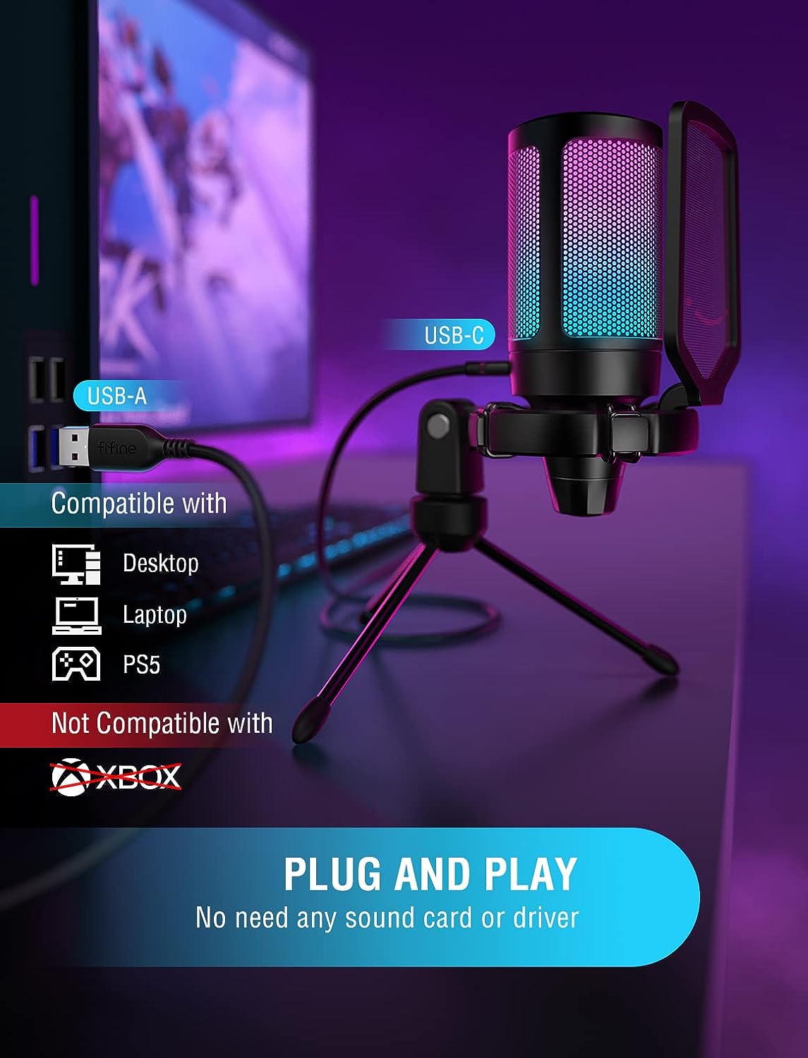 Microfone Condensador USB com RGB AmpliGame  4