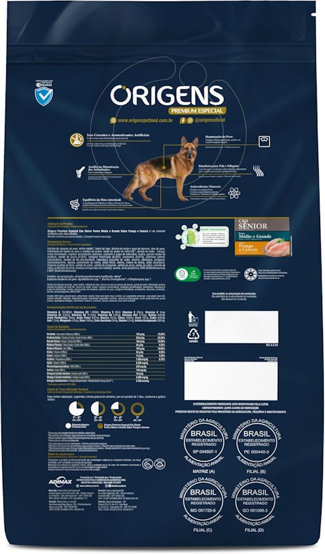 Ração Origens Premium Especial Cães Sênior Portes Médio e Grande Sabor Frango e Cereais 4