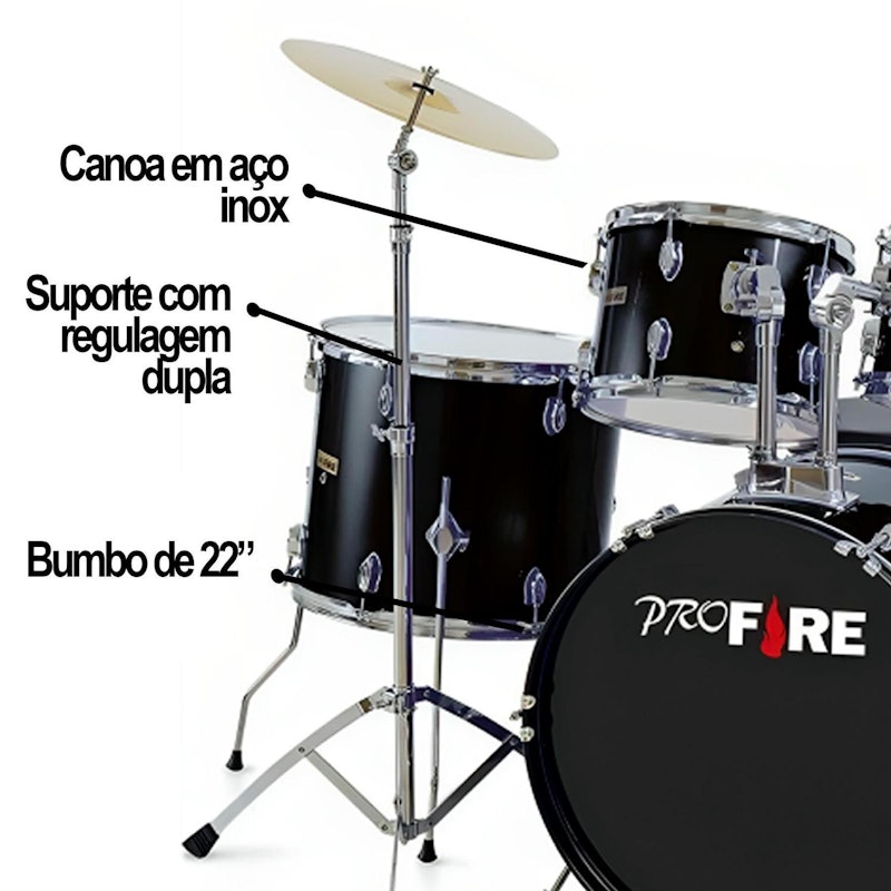 Bateria Spanking Pro Fire Preta Completa Bumbo 22 5