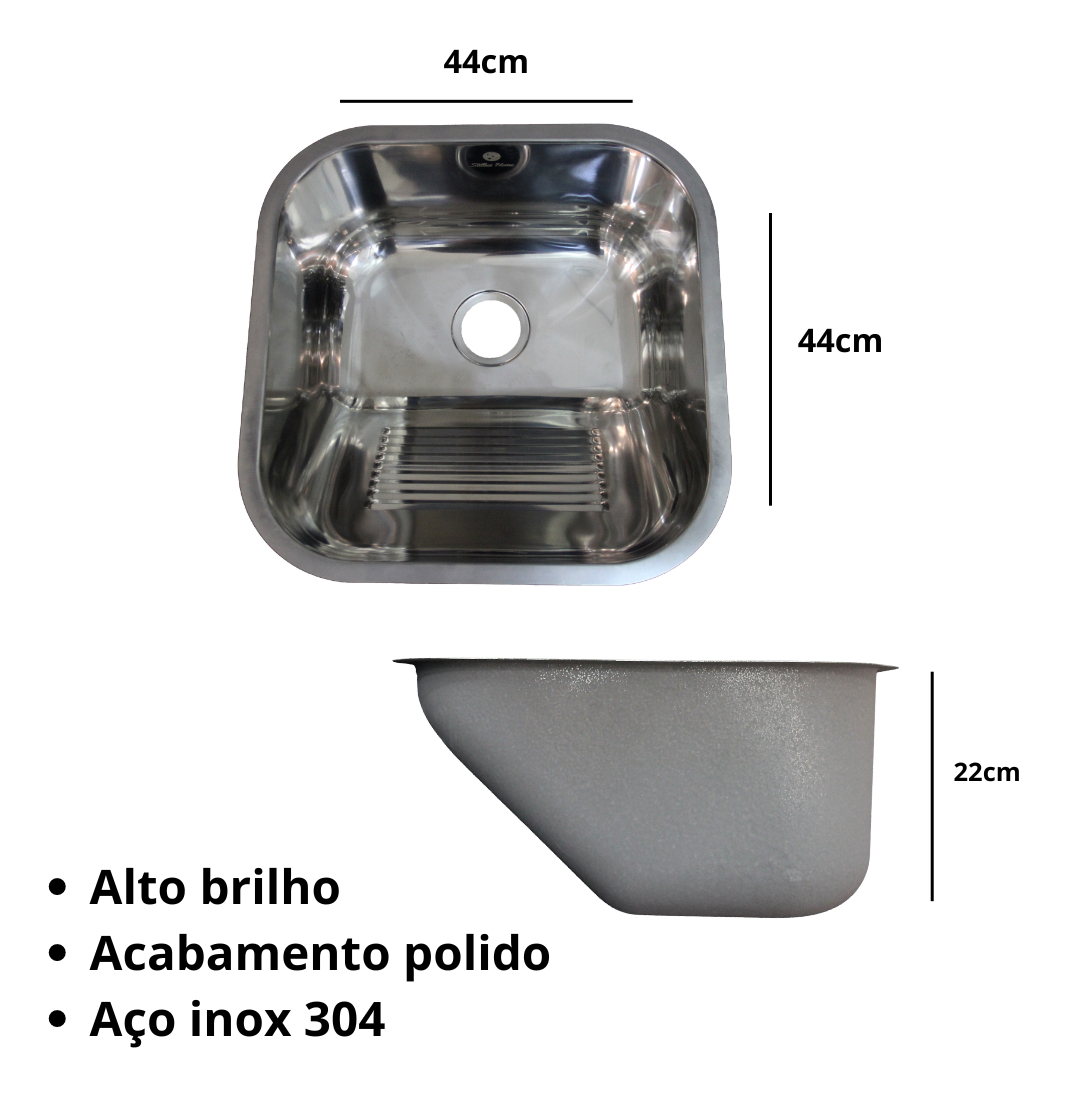 Tanque Lavanderia Polido 44x44 Aço Inoxidável 304 Premium 5