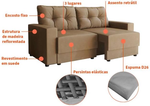 Sofá 3 Lugares Retrátil Lubeck Suede Bege 3