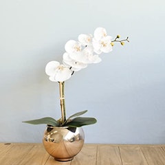 Arranjo de Orquídea Artificial Branca Vaso Rose Gold