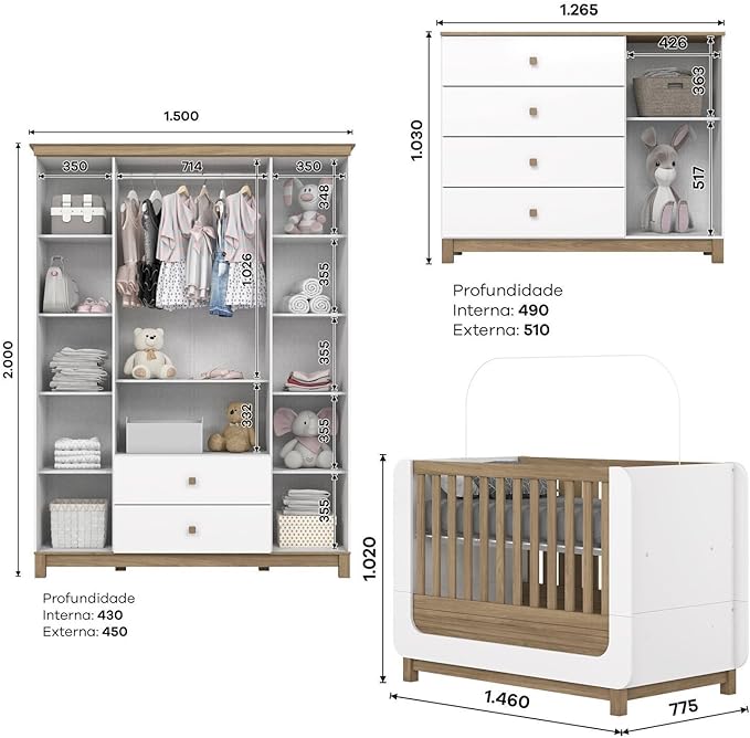 Conjunto Quarto de Bebê Berço 2 em 1, Guarda-roupa e Cômoda Sophia 5