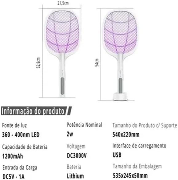 Raquete Elétrica Recarregável Bivolt Mata Pernilongos e Moscas Surdefens 3