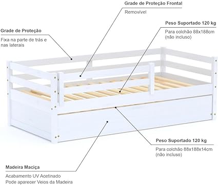 Bicama Solteiro Dreams com Grade de Proteção Madeira Maciça 4