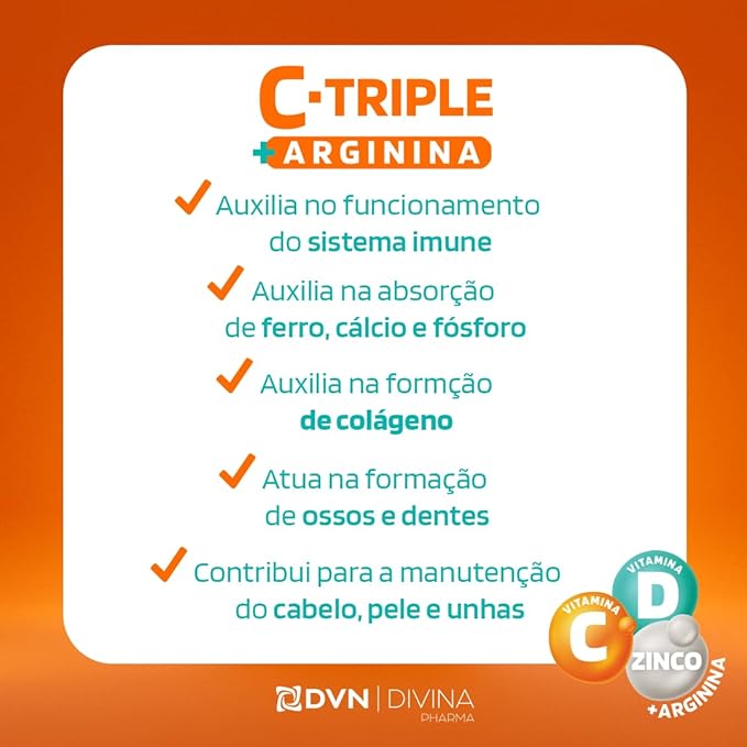 C-Triple + Arginina - Vit C 500mg + Zinco 5mg + Vit D 200UI + Arginina 500mg  2
