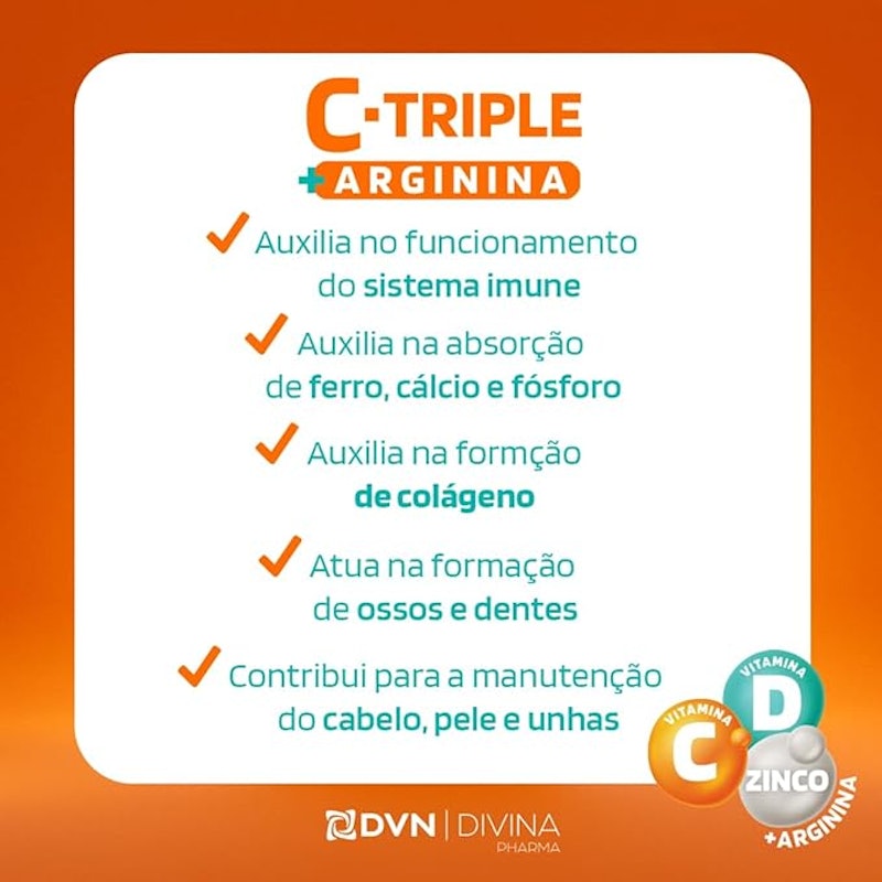C-Triple + Arginina - Vit C 500mg + Zinco 5mg + Vit D 200UI + Arginina 500mg 2