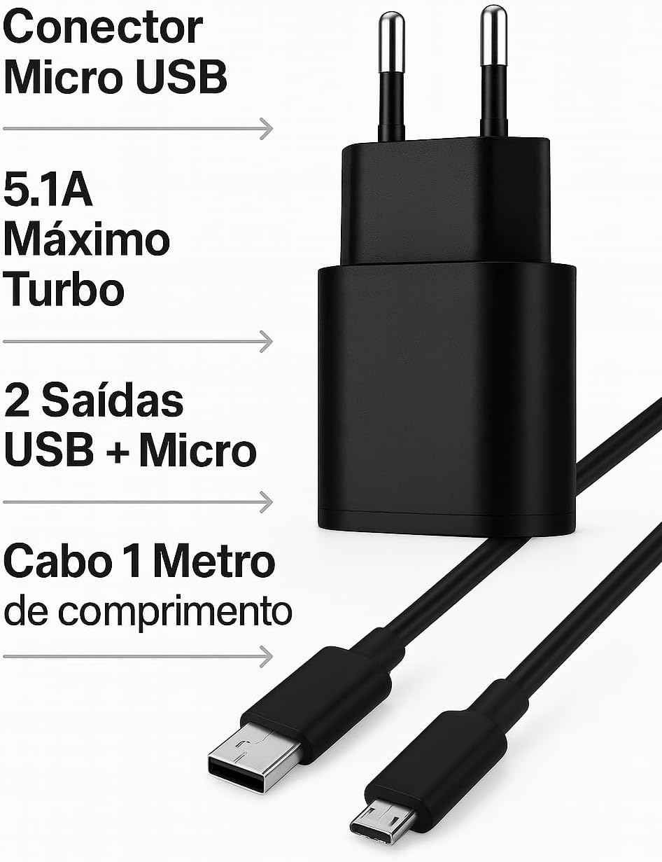 Carregador Compatível Kindl-e 10ª Geração Micro USB V8 3