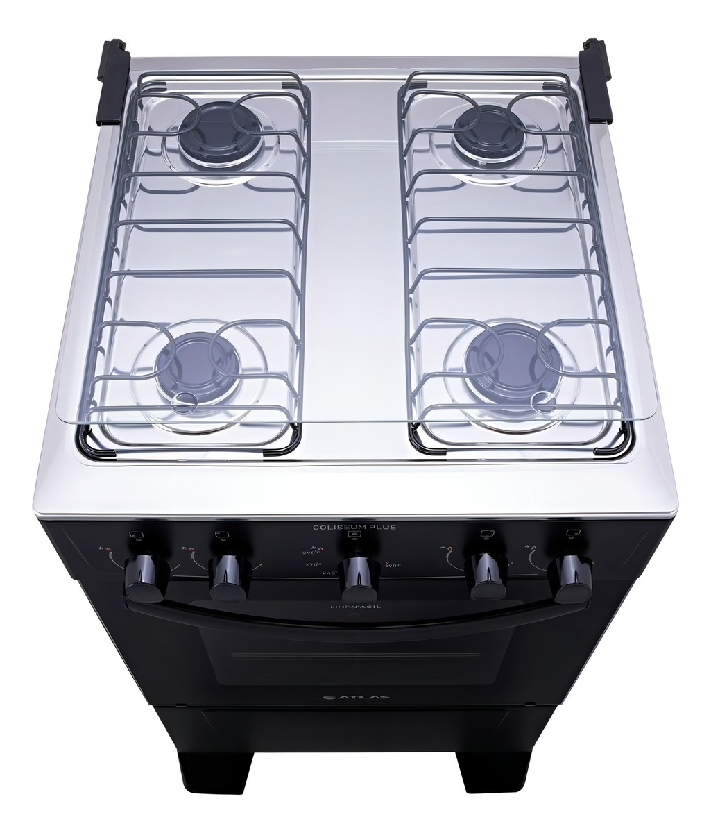 Fogão 4 Bocas Preto com Mesa Inox Atlas Coliseum Plus 4