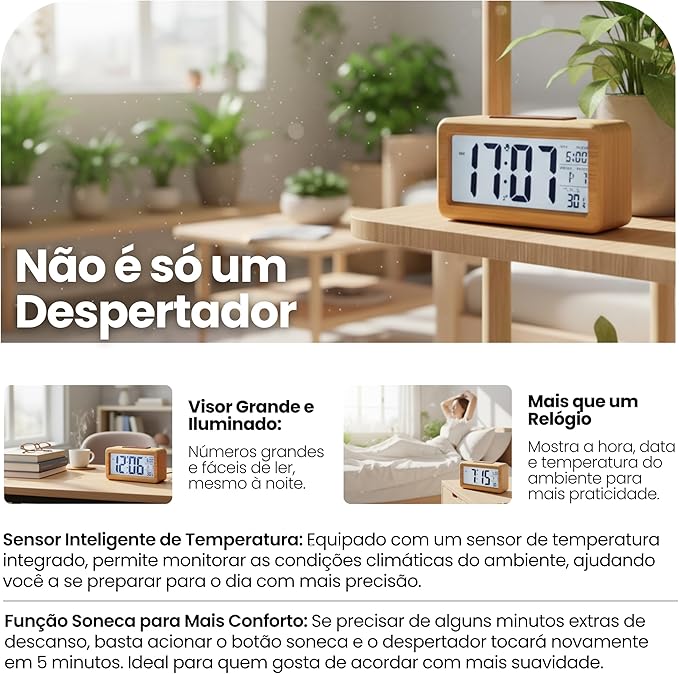 Relógio Despertador Digital LCD Madeira Bambu 3