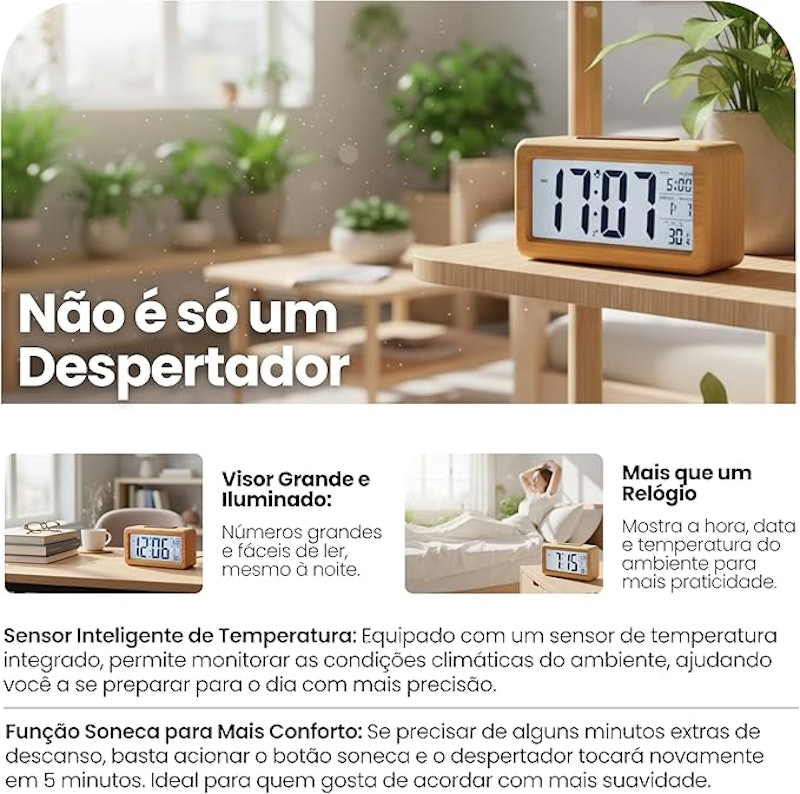 Relógio Despertador Digital LCD Madeira Bambu 3