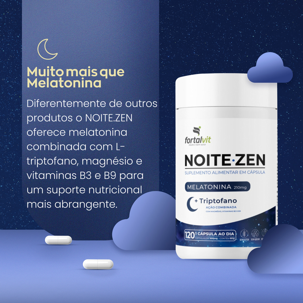 Noite.Zen Melatonina 0,21 mg, Triptofano, Magnésio, Vitaminas B3 e B9 5