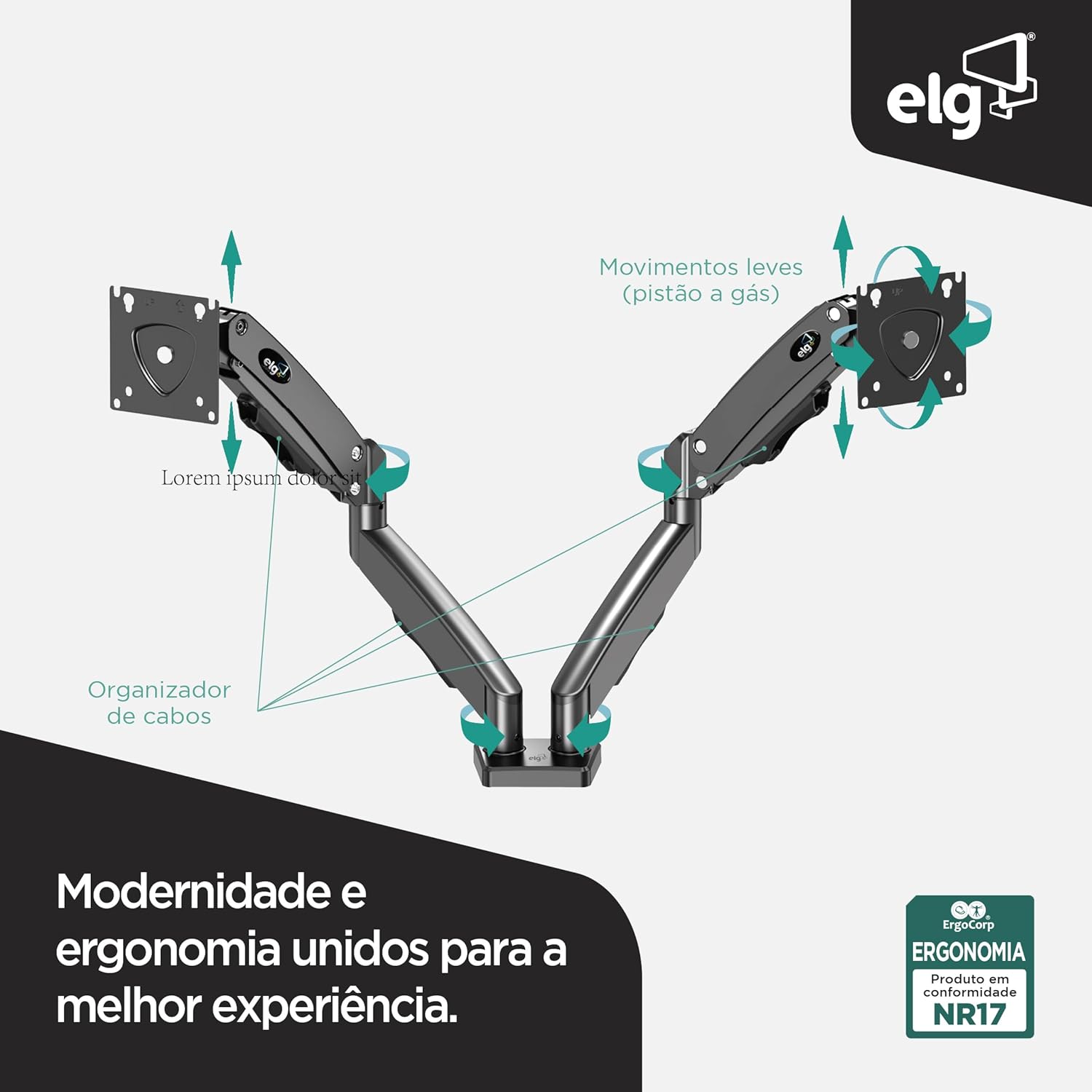 Suporte Ergonômico Articulado de Mesa com Pistão a Gás para 2 Monitores de 17” a 35” Elg 2