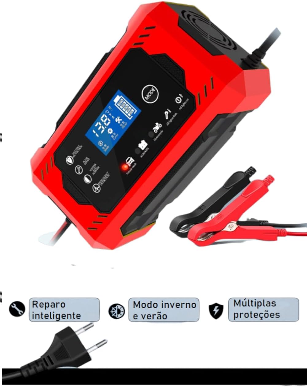 Carregador de Bateria 12 V Inteligente Carro e Moto Bivolt Lúmu 3