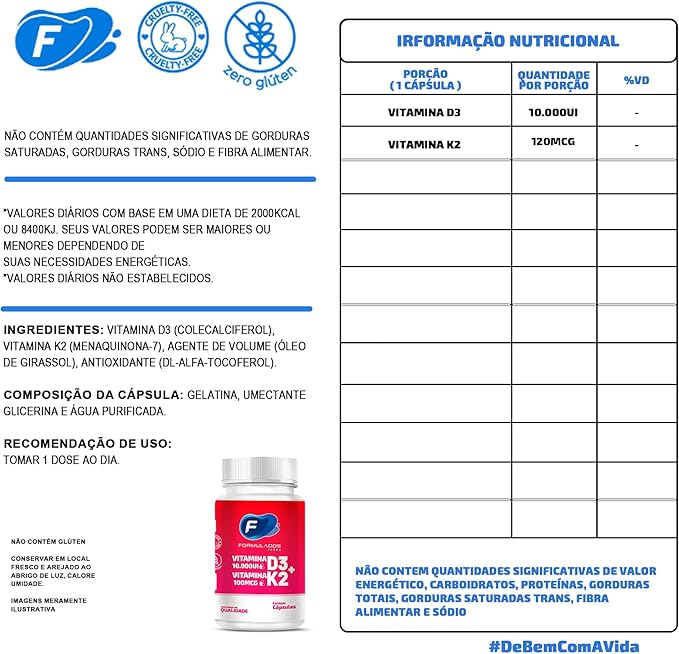 Vitamina D3 10000 UI + Vitamina K2 100 mcg (MK-7) Cápsulas Formulados Farma 2