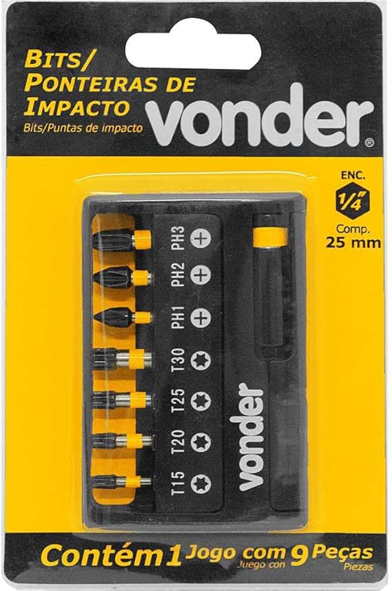 Jogo de Bits/Ponteiras de Impacto S2 com 9 Peças Encaixe Sextavado 1/4" 2