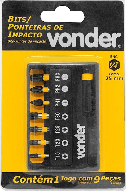 Jogo de Bits/Ponteiras de Impacto S2 com 9 Peças Encaixe Sextavado 1/4" 2
