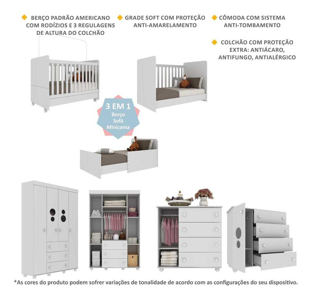 Quarto Completo Infantil com Colchão Incluso Pimpolho Multimóveis Branco 3