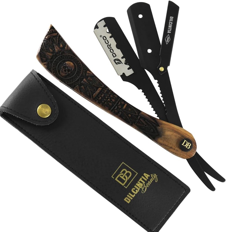 Navalha Profissional Cabo Madeira Nobre Talhada Aço Inox + Case 1