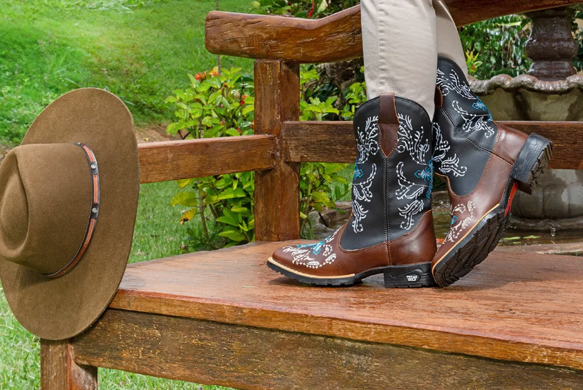 Bota Texana Feminina Couro Country Bico Quadrado Café Azul  4