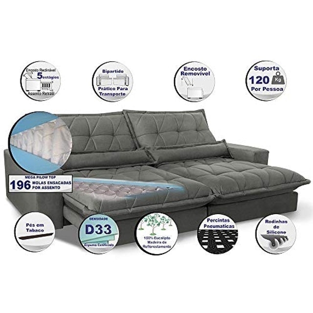Sofa Retrátil e Reclinável 2,12 m com Molas Ensacadas 4