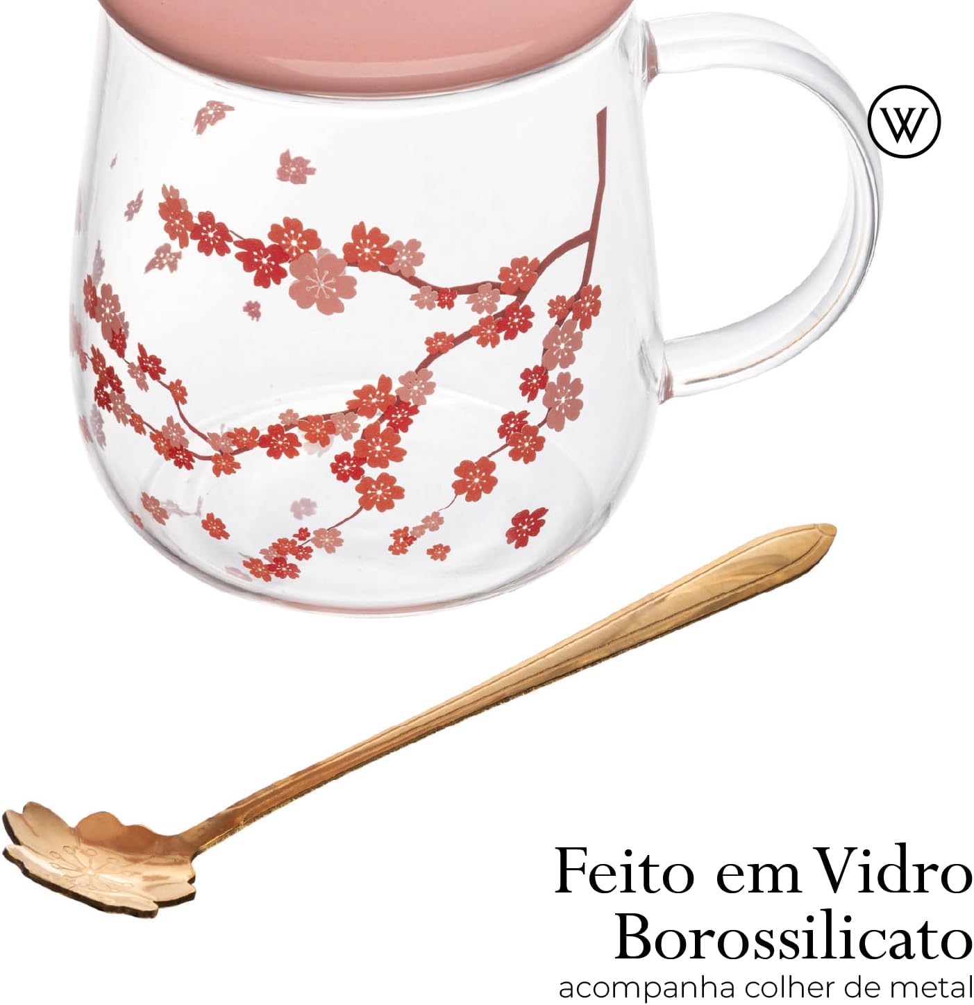 Caneca de Vidro Borossilicato com Tampa e Colher Sakura 500 ml 2