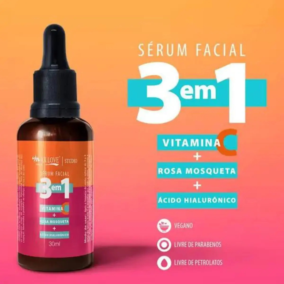 Serum Facial 3 em 1 Vitamina + C Rosa Mosqueta + Ácido Hialurônico 5