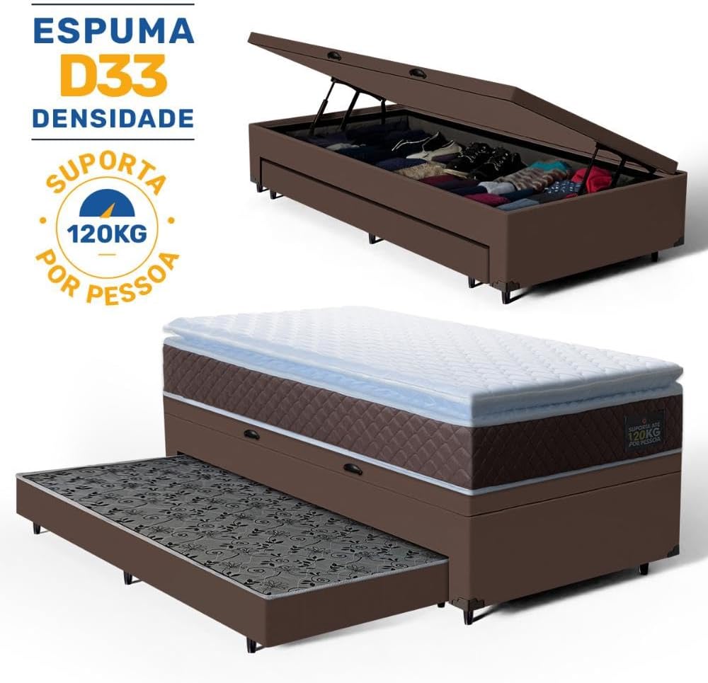 Bicama Box Baú com Colchão Espuma D33 Pillow Top Comfort Luxo + Auxiliar 3