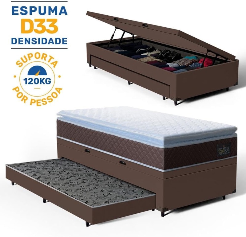 Bicama Box Baú com Colchão Espuma D33 Pillow Top Comfort Luxo + Auxiliar 3