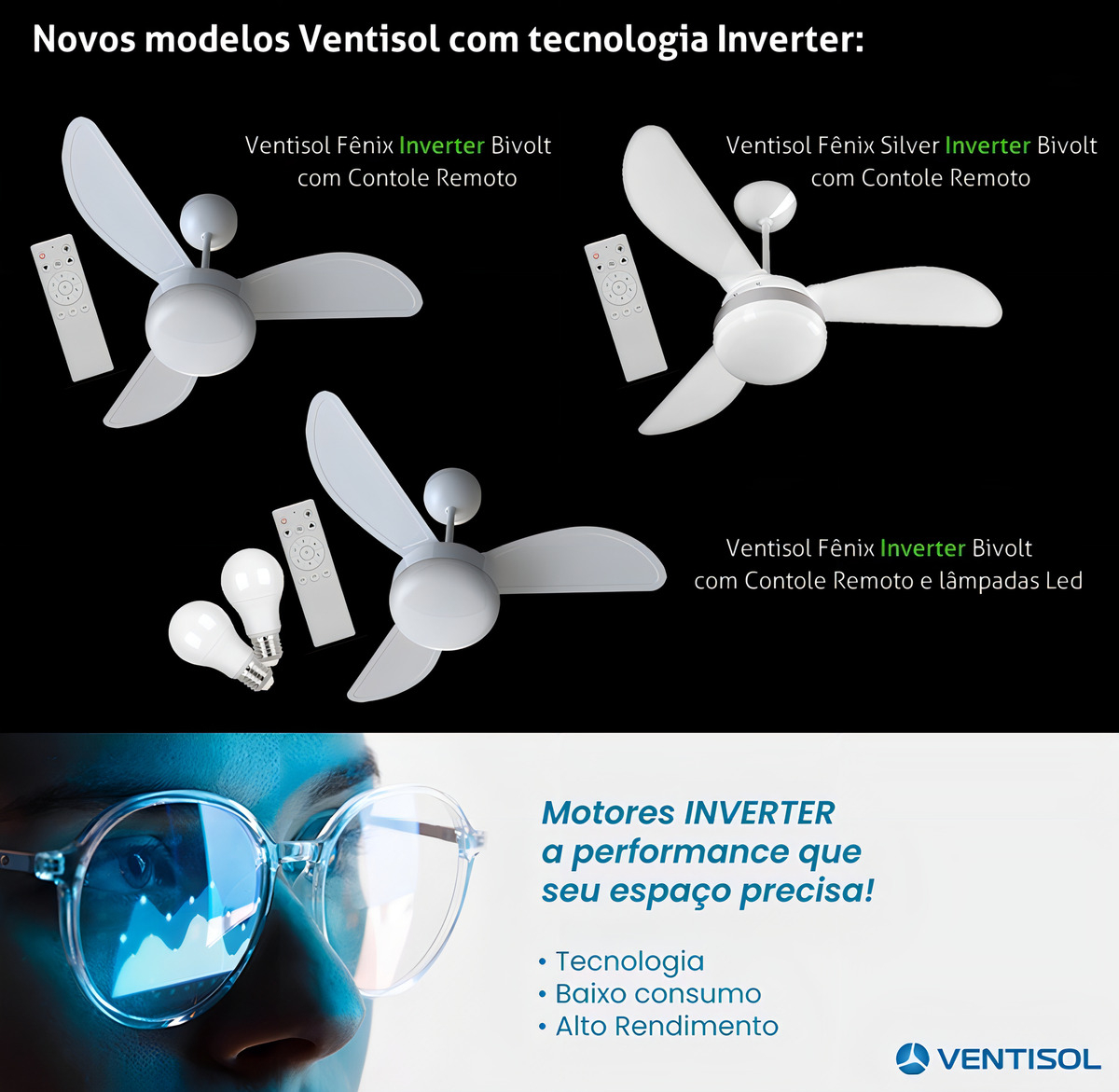 Ventilador de Teto Ventisol Fênix Inverter C/Cont. Branco Bivolt 5