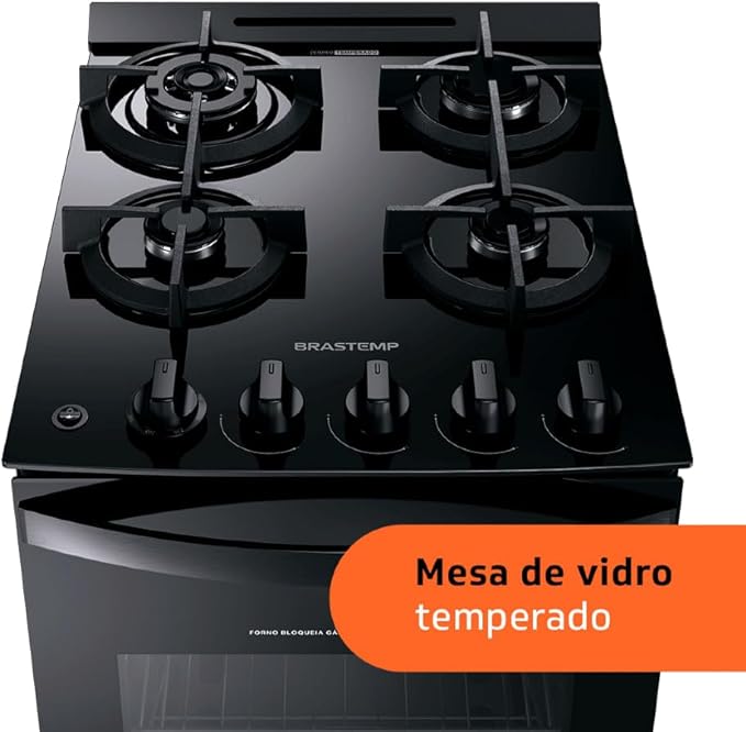 Fogão Brastemp 4 Bocas Preto com Mesa de Vidro e Dupla Chama 5